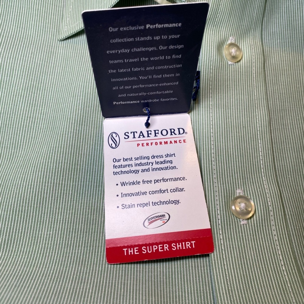 Stafford Performance Super Shirt Mens 17.5 Green White Stripe Classic Fit NWT - Picture 6 of 10